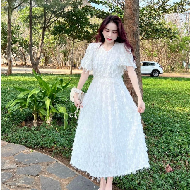 Đầm xô lông trắng cổ trònb tay ngắn chất xô lông váy maxi dài xoè siêu xinh