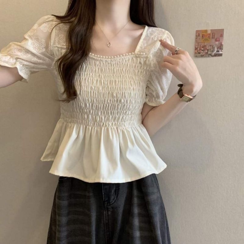 Áo bo ngực cổ ngọc phối tay ren hàng Quảng Châu