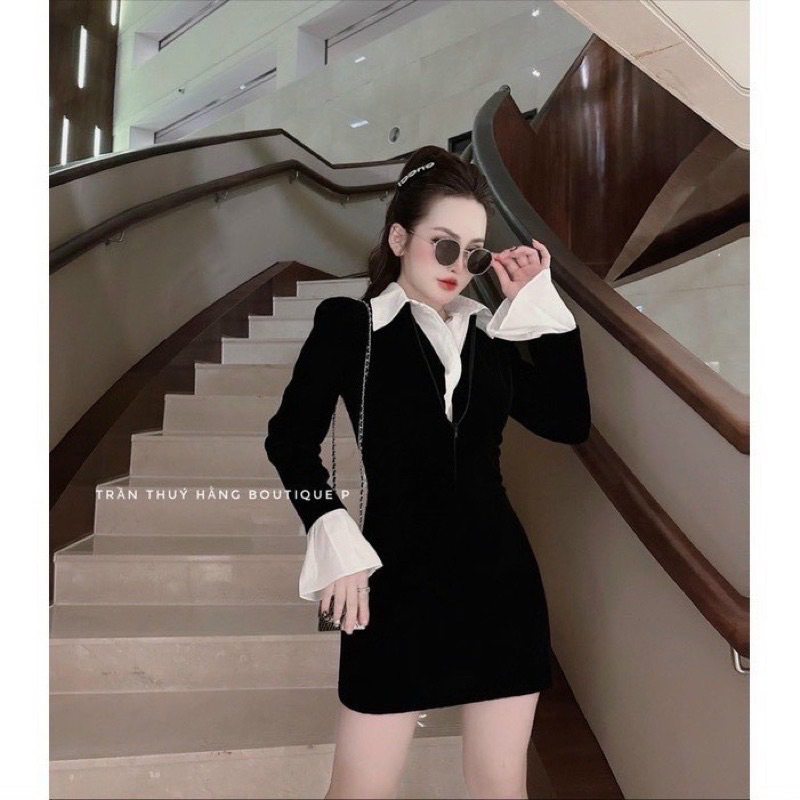 ĐẦM BODY CỔ TRỤ TAY DÀI ỐNG LOA FROM CHUẨN MẪU HOTGIRLL 💯