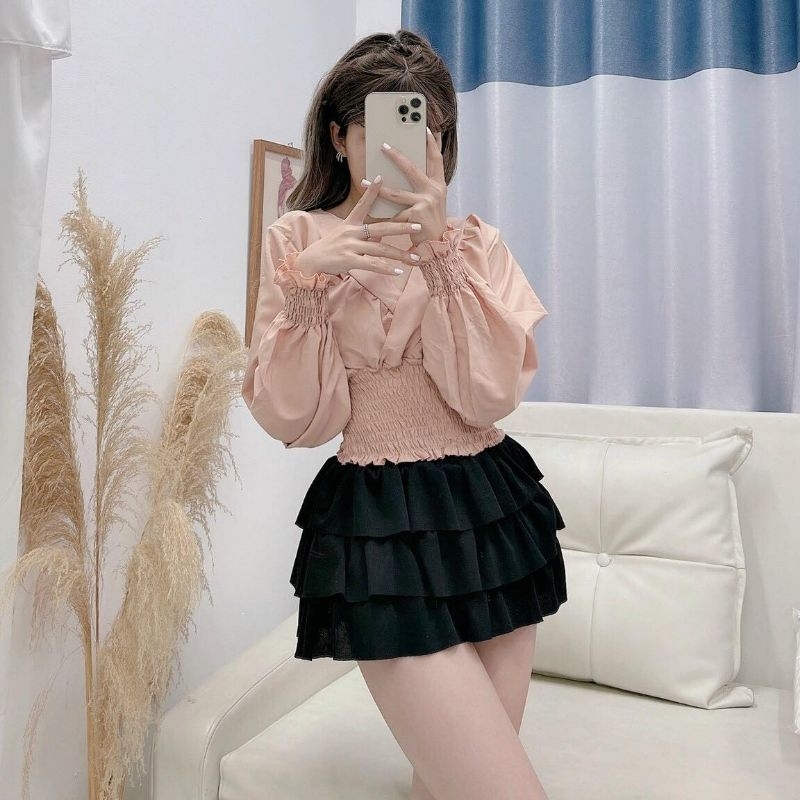 Áo Voan Kiểu Cổ Tim tay Dài Bo Eo Tay