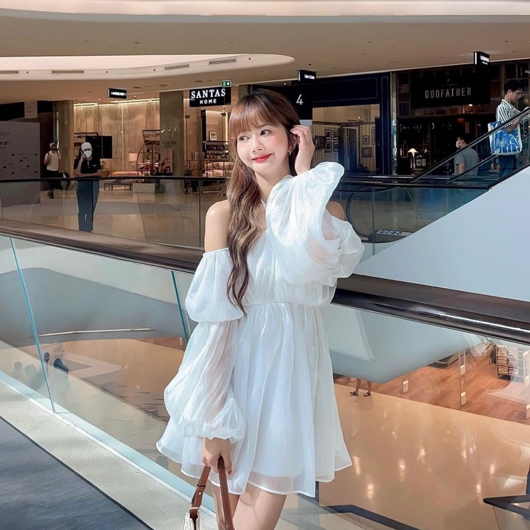 Đầm trễ vai cúp ngực cổ yếm tay dài voan tơ cao cấp phong cách bánh bèo tiểu thư Nu House kèm ảnh thật shop chụp