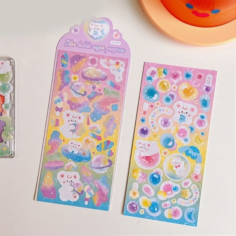 Set 2 tấm hình dán sticker gấu bong bóng bubble bling lấp lánh decor toploader, DIY