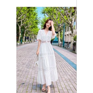HÀNG NHẬP - ĐẦM MAXI XÔ LỤA TRẮNG PHỐI REN