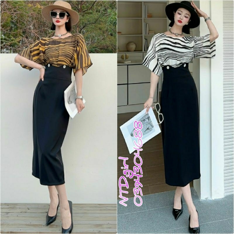 Hàng nhập - Đầm dáng ôm tơ mịn tay ống rộng cổ tròn, váy body công sở hay dạo phố form dài họa tiết