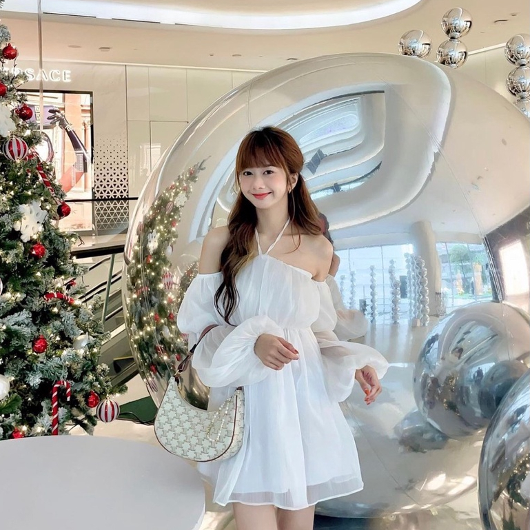 Đầm trễ vai cúp ngực cổ yếm tay dài voan tơ cao cấp phong cách bánh bèo tiểu thư Nu House kèm ảnh thật shop chụp