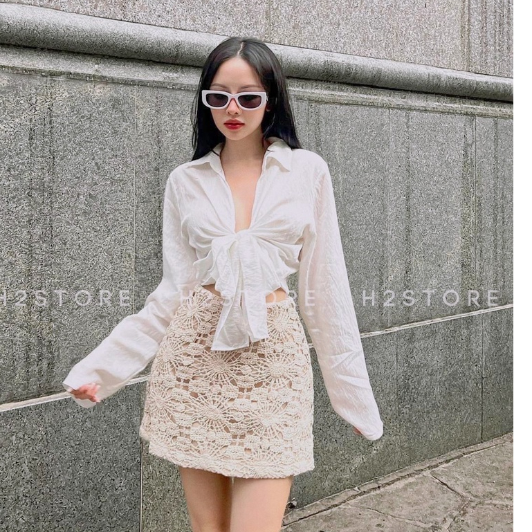 BỘ CHÂN VÁY REN A_ ÁO TRẮNG THUN GÂN TAY DÀI CỘT EO 150822