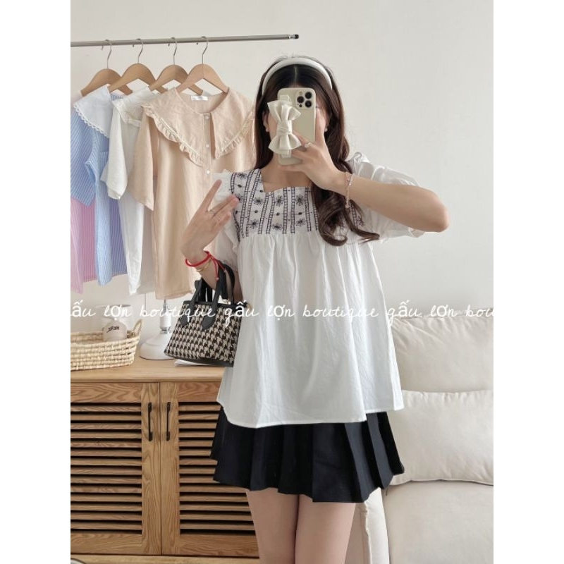 Áo babydoll cộc cổ vuông ngực thêu hoa vintage