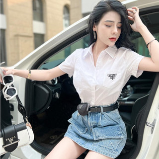 Áo sơ mi trắng nữ, áo sơ mi cộc logo pa.ra sang chảnh