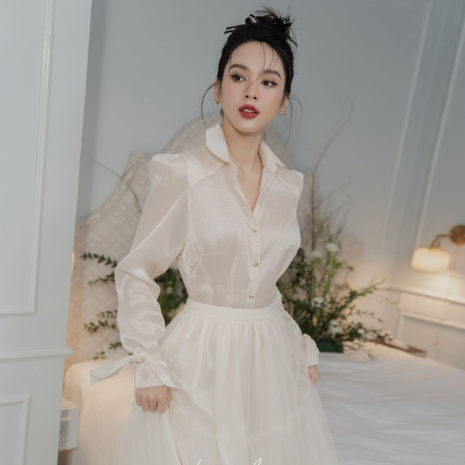 Áo sơ mi voan nữ tay dài dáng basic cột dây cổ tay