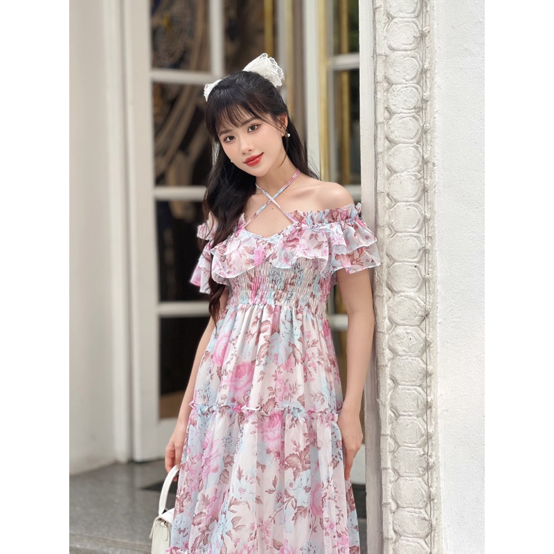 Váy maxi tơ hoa trễ vai, hàng thiết kế  - V024