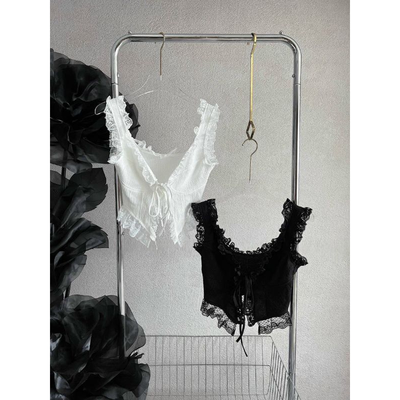Áo croptop cổ V cột dây rút phối ren ,Áo thun lững chất xốp tôn dáng phong cách teen hè