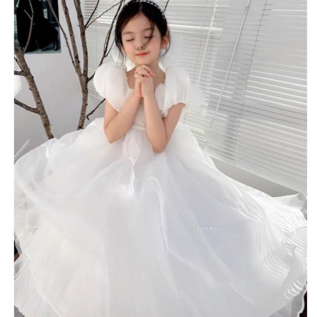 Váy cô dâu nhí kèm nơ trắng cài đầu hàng Quảng châu cao cấp