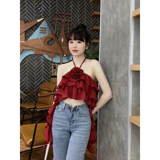 ÁO CROPTOP YẾM HOA BÈO TẦNG (trắng, đỏ, hồng, đen)