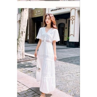 HÀNG NHẬP - ĐẦM MAXI XÔ LỤA TRẮNG PHỐI REN