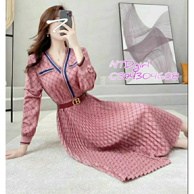 Hàng nhập - Đầm dáng xòe lụa dập li phối viền xinh xắn, váy dự tiệc cổ V sang trọng
