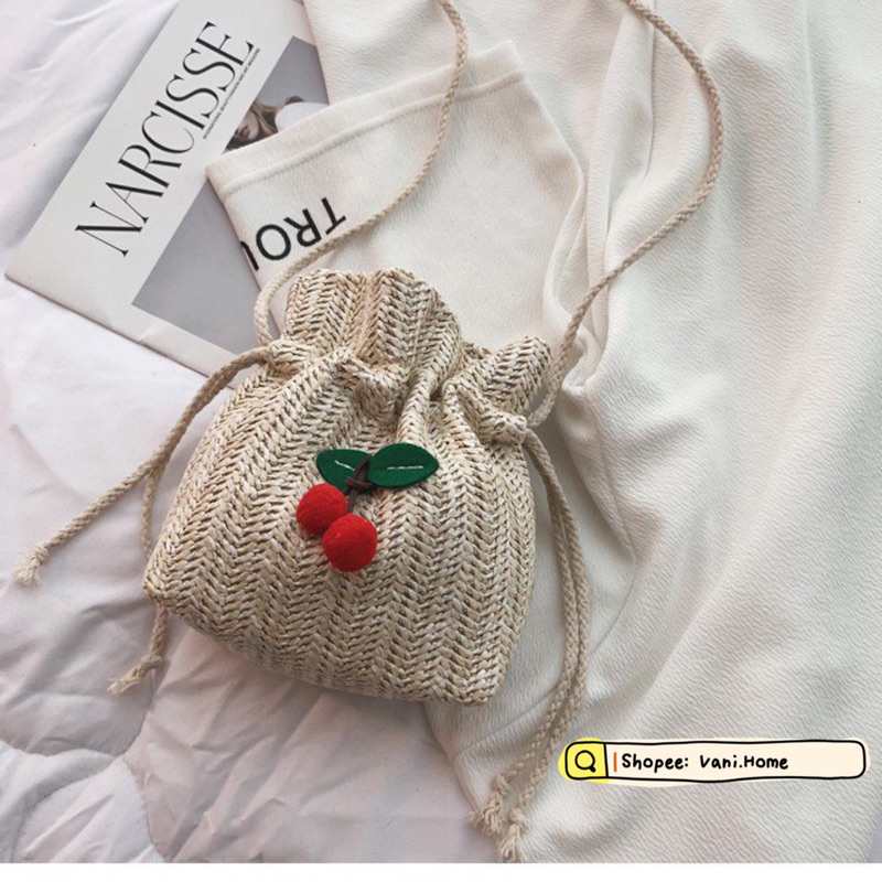 Túi cói Vintage đeo chéo Cherry dây rút cực xinh - Túi cói mini đi biển đi du lịch CHERRY dễ thương phong cách Hàn Quốc