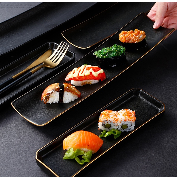 (SẴN) Khay sushi men nhám đen viền vàng CHỐNG XƯỚC p/c Nhật, đĩa chữ nhật dài - Đĩa sứ nhà hàng cao cấp