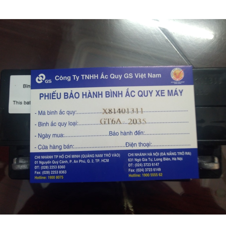Ắc quy GS GT6A - 12V 6Ah dùng cho xe Wave, Future từ trước năm 2008, Sirius, Jupiter trước năm 2010