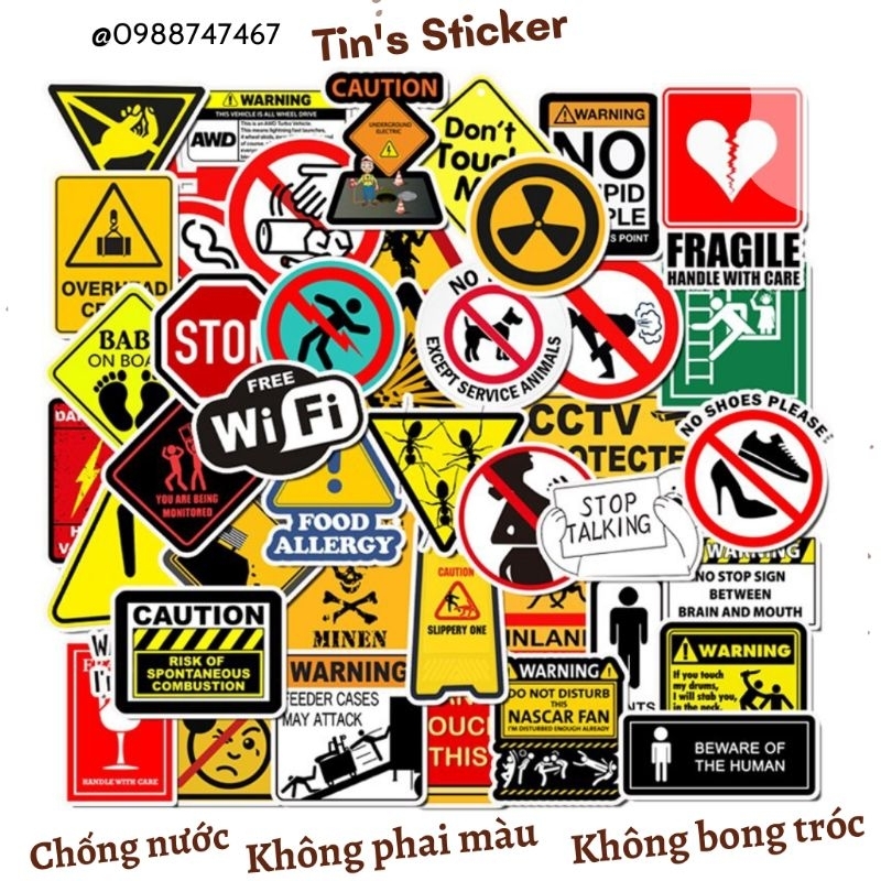 Set combo 50 miếng dán sticker biển báo dán nón mũ bảo hiểm laptop vali sổ tay đàn guitar điện thoại tủ lạnh xe máy
