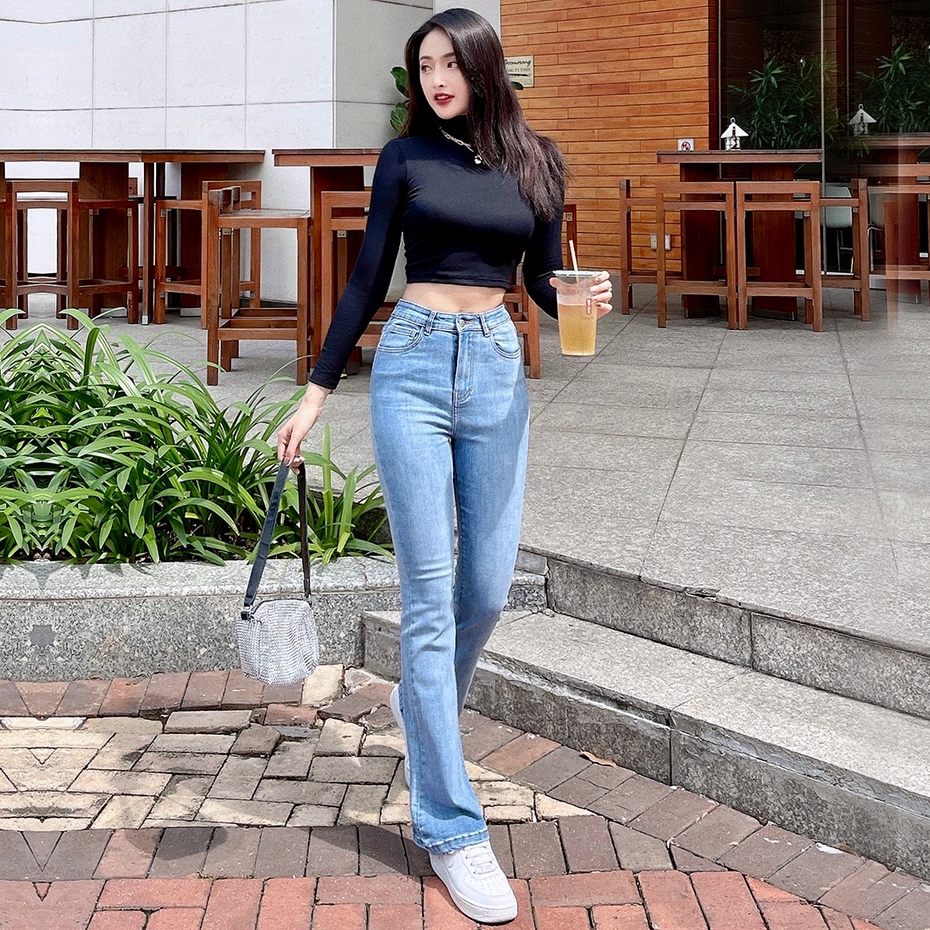 [Mã FATREND2810 giảm đến 30k tối đa 99k] Quần Skinny Ống Loe Nữ Lưng Cao Vải Jean Denim Co Giãn Cao Cấp Tiqi Jean G1-518