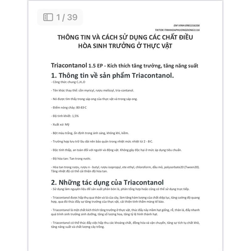 Chất kích tăng trưởng sản lượng tăng năng xuất - Triacontanol 1.5% EP
