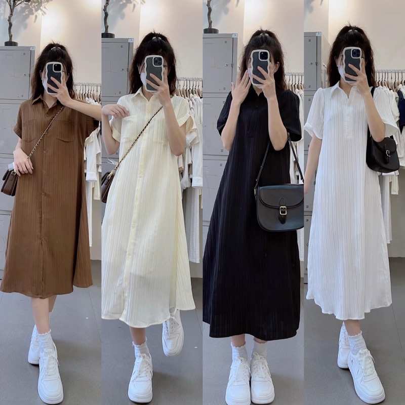 Váy polo thô gân xoè cổ bẻ tay bồng kèm váy 2 dây lụa