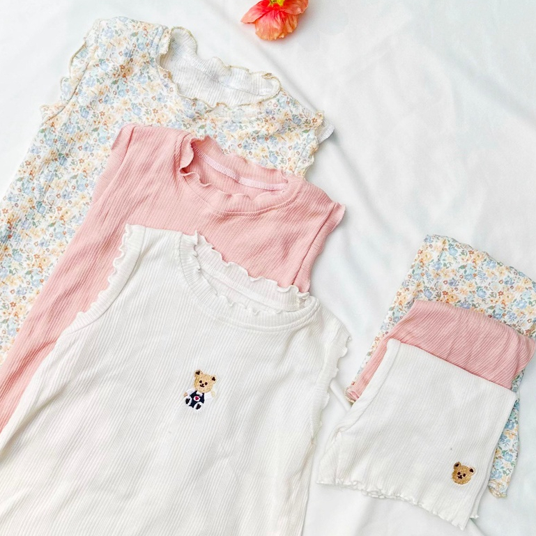 Set ba lỗ bé gái vải dư Hàn thêu gấu thỏ