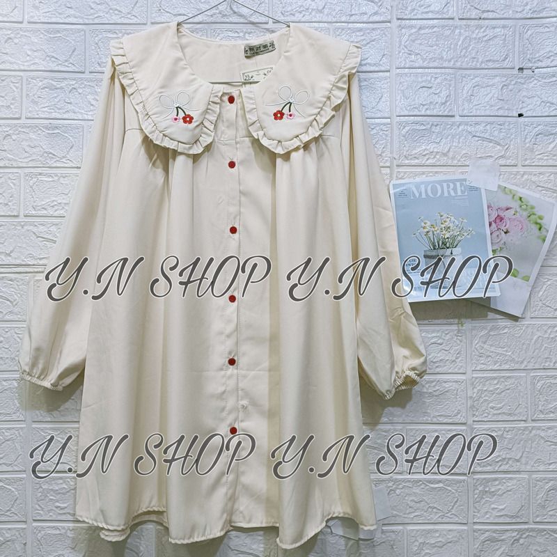 A49 Váy Babydoll Cổ Sen Bèo Thêu Hoa Tay Dài Tiểu Thư