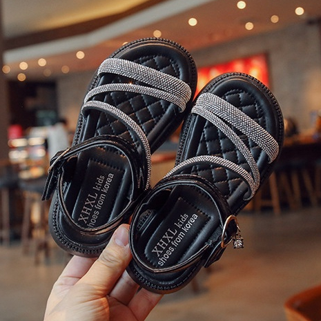 Dép Sandal Cho Bé Gái 4-14 Tuổi Dây Chéo Gắn Đá Đan Dây
