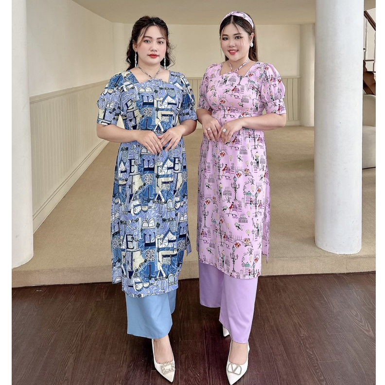 Áo Dài Nữ Cách Tân Bigsize Chất Lụa Họa Tiết Đơn Giản Nhẹ Nhàng Phù Hợp Dự Lễ Đi Chơi Tết Dành Cho Người Mập 50-90kg