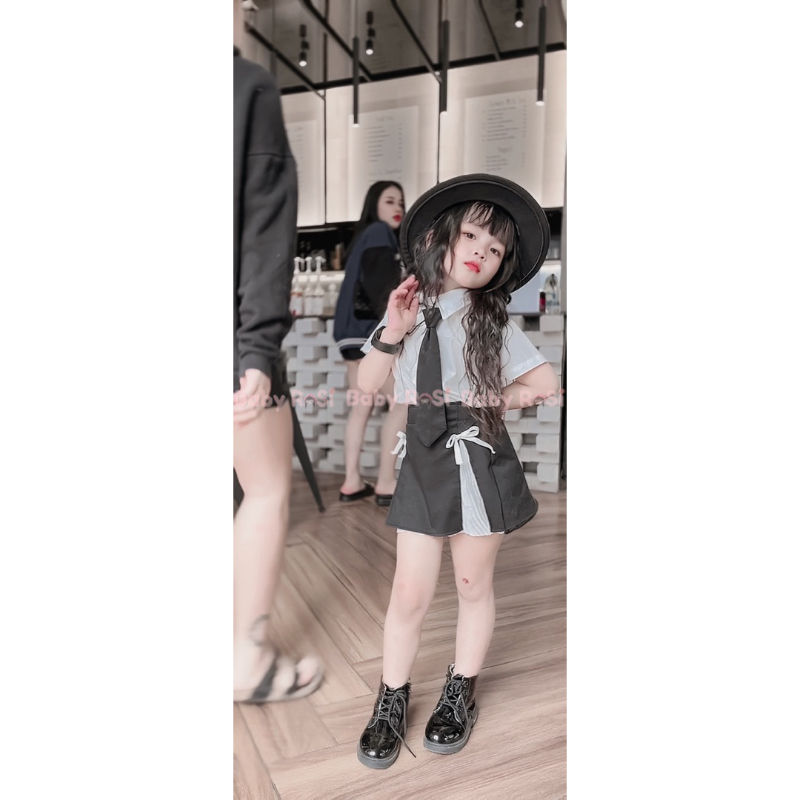 Sét sơ mi cà vạt kèm chân váy phối xếp ly cho bé gái