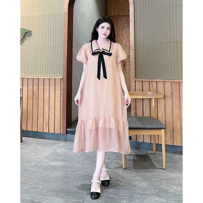 Đầm Bầu Lụa Tơ Hai Lớp Phối Nơ Mã LH012