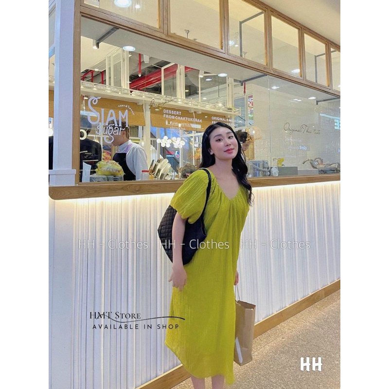 Đầm Đũi Tơ Nhăn Tay Bồng Cổ V Siêu Mát Mã QT028