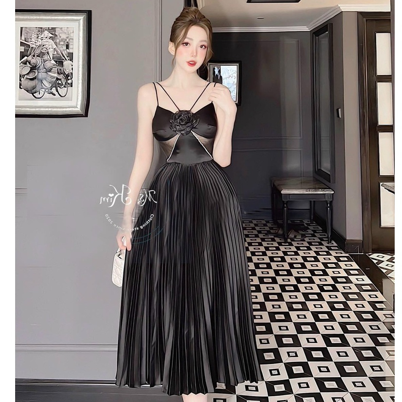 Đầm dự tiệc thời trang nữ sang chảnh chất cotton lạnh cổ dây cót mút đính nơ ngực bo eo váy xoè maxi xếp ly