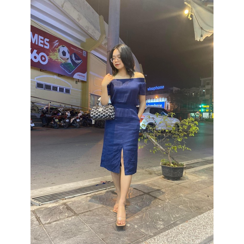 Váy kiểu nữ, màu xanh, cổ chun, hai túi hông