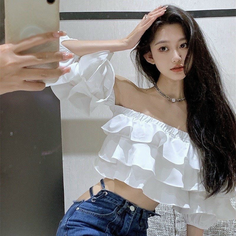 Áo bẹt vai tầng siêu cưng, Áo croptop trễ vai tay phồng 2 lớp nhún lưng ôm dáng bánh bèo 💕💕💕S999