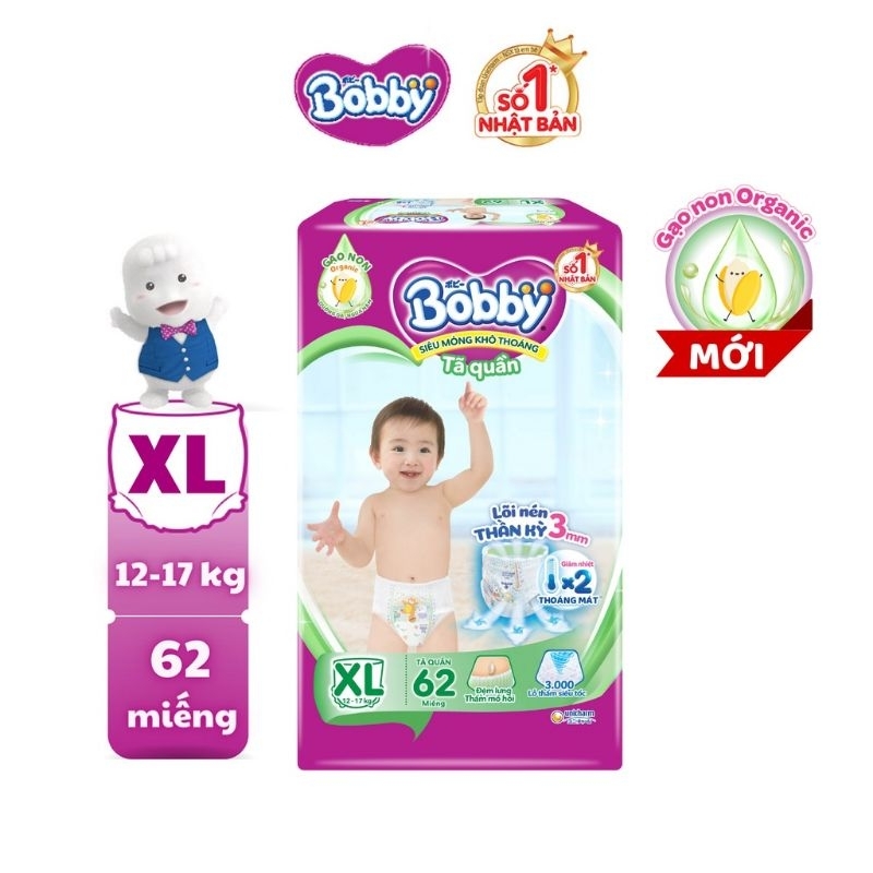 《HCM》TẶNG 8 MIẾNG 🦋 Tã quần Bobby siêu mỏng tinh chất gạo non size M76+8 👉 L68+8 👉 XL62+8 👉 XXL56+6