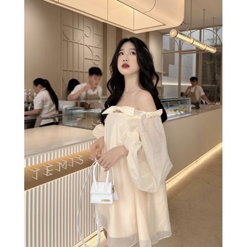 🌸Váy trễ vai tơ nơ ngực tay bồng xinhhh xỉuu❤️❤️