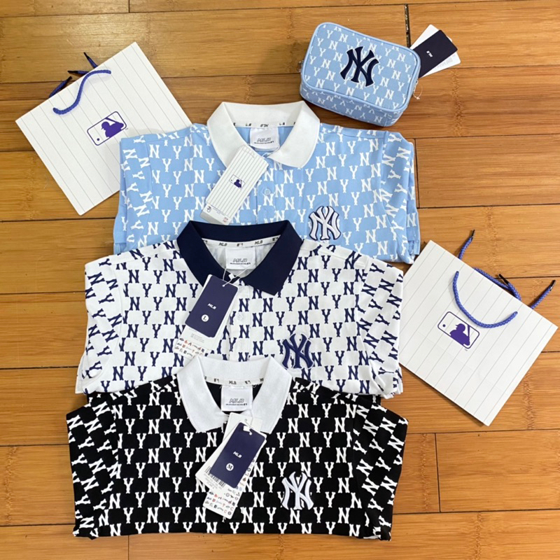 Áo Polo MLB Monogram Trắng Logo Xanh Navy Siêu Xịn