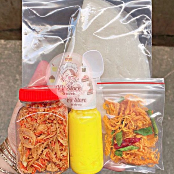 COMBO MiNi : bánh tráng phơi sương muối tép hành phi bơ béo khô gà (100g bánh)