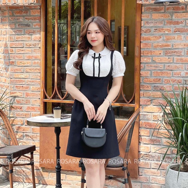 Váy Đầm Đen Phối Nơ Ngấn Tay Cổ Sơ Mi Vai Bồng Thời Trang Rosara VA33