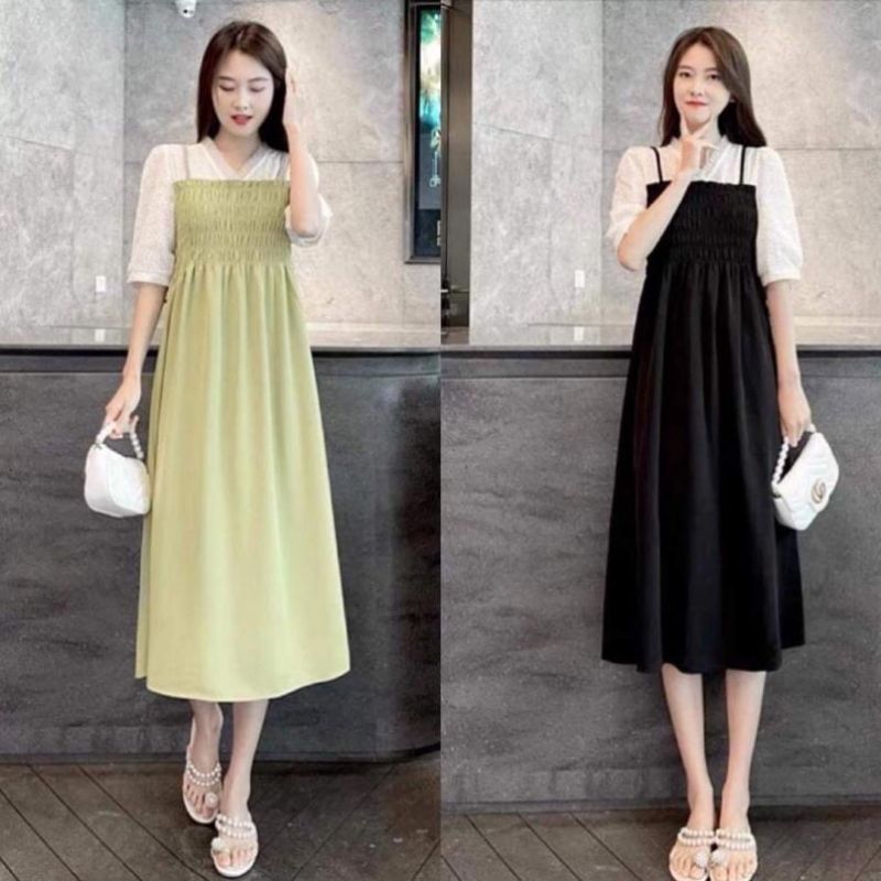 Đầm bầu công sở hai dây phối vải thô ren mặc trẻ trung ,sang trọng