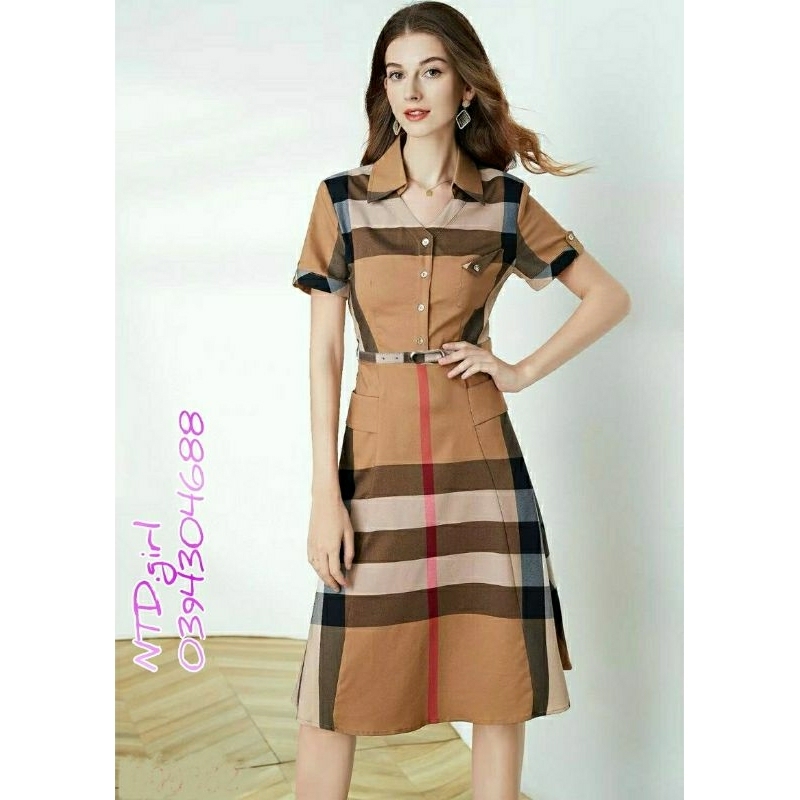 Hàng nhập - Đầm dáng xòe kate lụa cổ sơ mi kẻ ô, váy dạo phố tay ngắn phong cách trẻ trung