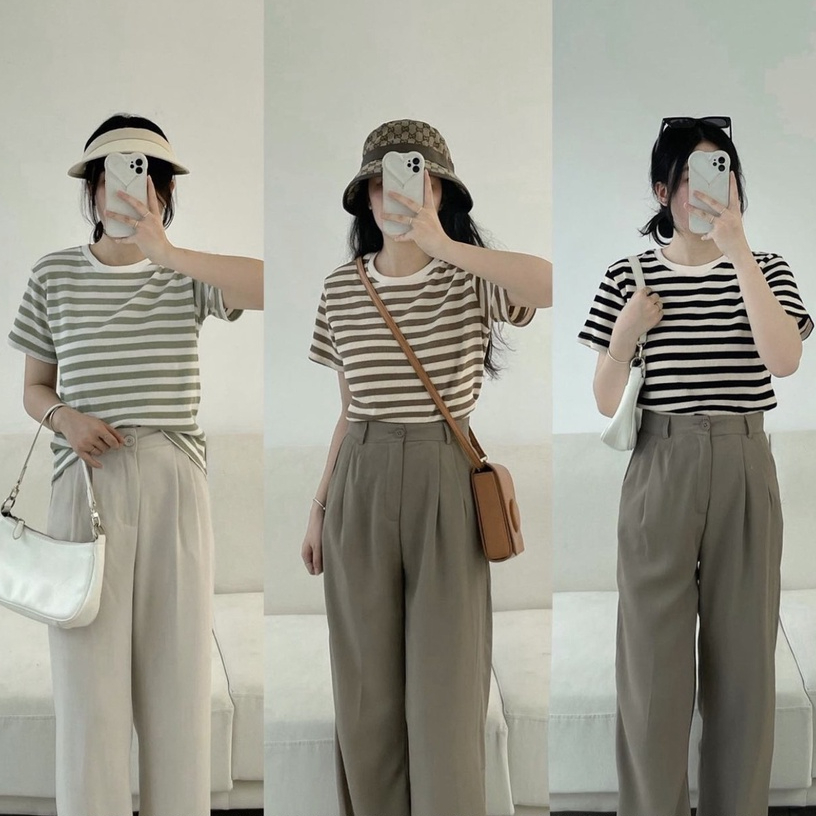 Áo phông nữ kẻ ngang basic A.344, Áo phông tay ngắn 2 màu đơn giản phong cách Hàn Quốc - Thời trang nữ Chấm Bi