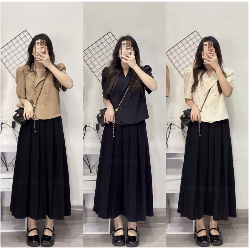 Áo blazer/ vest cổ sen tay bồng dáng ngắn Hàn Quốc basic