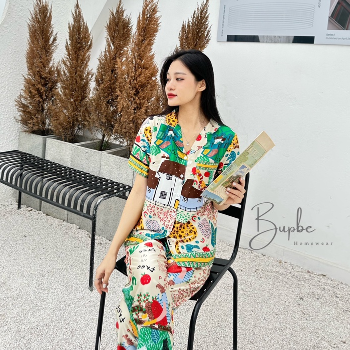 Đồ bộ nữ, pijama lụa hàn cao cấp SOMNIA họa tiết ngôi nhà nhiều màu mềm mại, đủ size nhỏ đến big siz