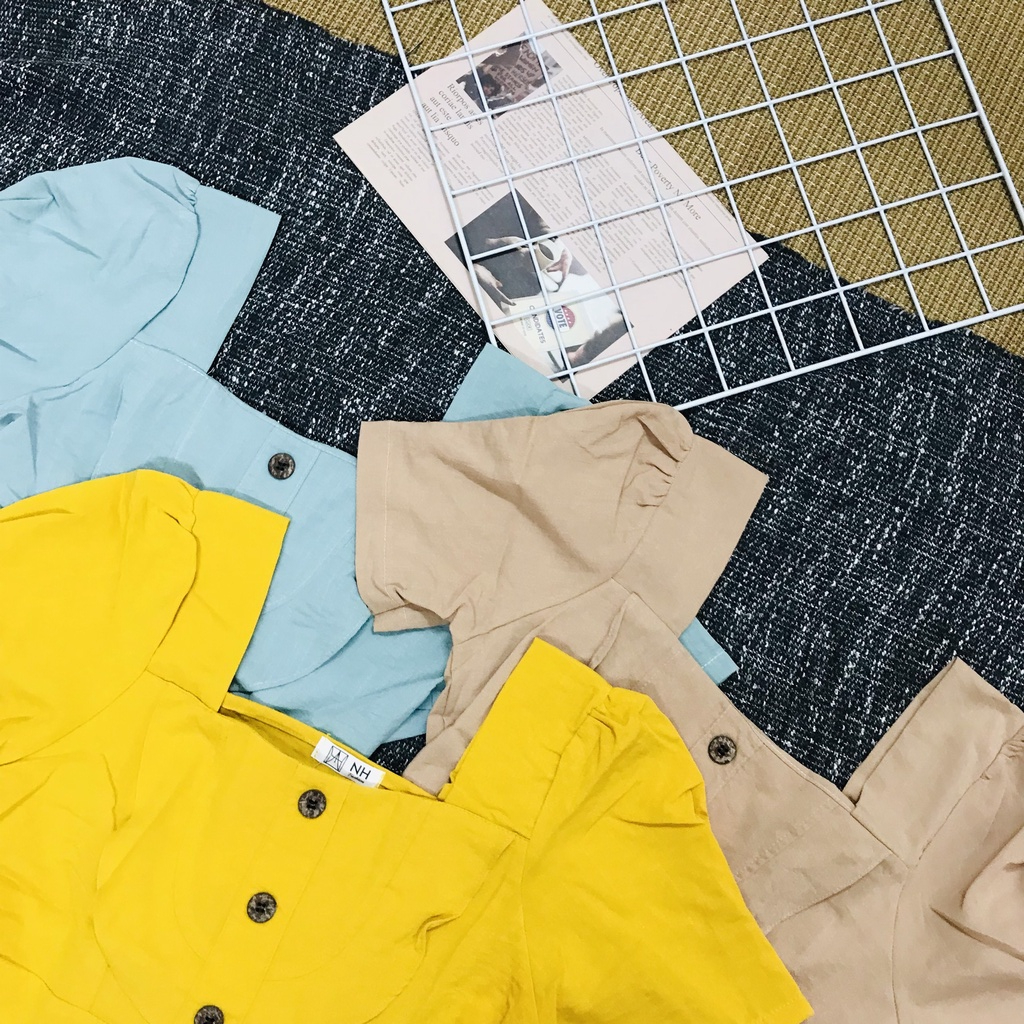 Áo Kiểu Tay Ngăn xếp ly vạt dưới Áo phối Nút Gỗ giữa thân chất vải Đũi Hàn