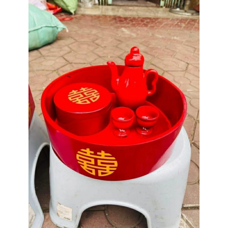 Bộ khay hỷ ấm chén trình giờ chữ hỷ chất liệu sơn mài phục vụ tráp cưới hỏi