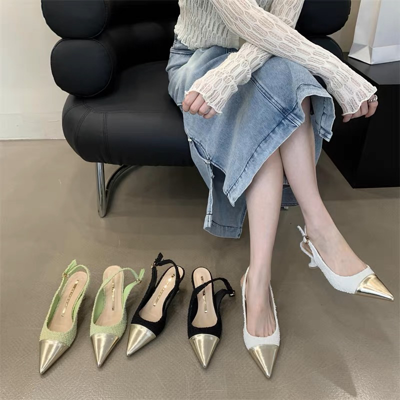 Giày sandal nữ vải tweed hở gót mũi nhọn cao 5cm