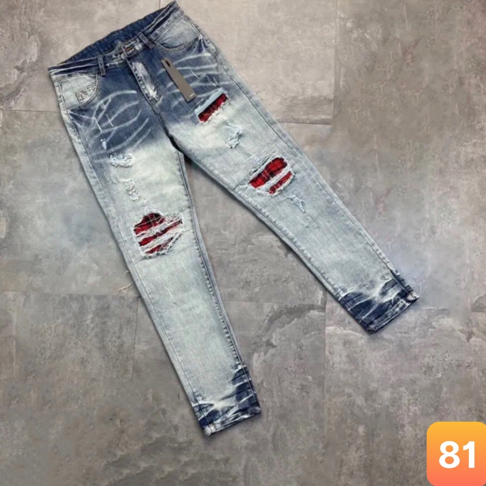 Quần jeans nam vá da boy phố rách gối màu xanh nhạt chất liệu bò co dãn 4 chiều form dáng skinny đẹp lavado Q81 mẫu mới